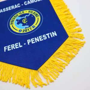 Custom Portable Pentagonal Cut Yellow Fringed <b>Banner</b> Double Sided Crystal Satin Digital Printing - Product Image 2