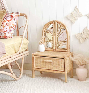 Rattan <b>Makeup</b> <b>Mirror</b> Vanity Table With Drawer Arch Shape Bohemian Style Handmade For Home Use - Product Image 5