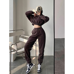 Conjunto Deportivo Informal de Sudadera Corta con Capucha Extra Grande para Mujer, Estilo Informal, Hombros Caídos, Color Liso, para Invierno - Product Image 3