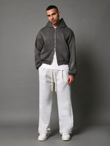 High Street blanc surdimensionné Vintage coton pull fermeture éclair dégradé acide lavage à capuche grande taille hommes sweats à capuche - Product Image 5
