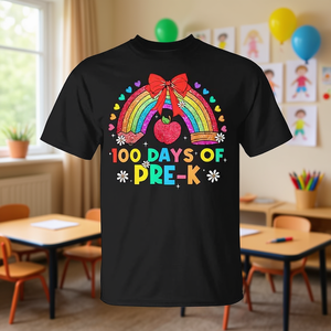 Camiseta 100 Days Of Pre-K con diseño de manzana arcoíris para celebración preescolar, camiseta unisex de manga corta con cuello redondo para niños - Product Image 3