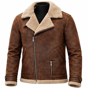 Chaqueta de cuero con cuello de piel de oveja marrón, abrigo de cuero con cremallera para invierno, chaqueta de cuero para hombre, cuero genuino de alta calidad - Product Image 1