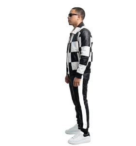 Blouson aviateur en cuir à carreaux noir et blanc |   Veste de mode urbaine unique - Product Image 2