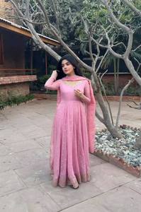 Robe Anarkali rose, robe bleue marron en fausse georgette, robe de mariée indienne, robe de longueur de plancher pakistanaise, travail à paillettes brodées - Product Image 4