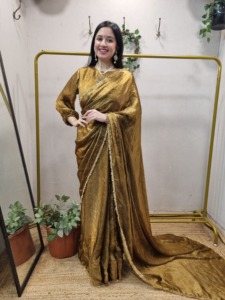 One Minute Ready To Wear Pre-<b>Stitched</b> Golden Space Silk Flowy <b>Saree</b> With <b>Stitched</b> Blouse Bust Size - Product Image 5