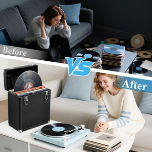 Portable Vinyl <b>Record</b> <b>Storage</b> Case Holds 30+ 12” Albums Waterproof <b>Record</b> Organizer <b>Box</b> with Lid, Handle & Mesh Pocket - Product Image 4