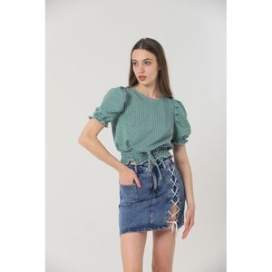 Blusa a Cuadros Esmeralda para Mujer Topshow con Cintura Elástica, Tela Jacquard de Algodón y Poliéster, Manga Larga, Estilo Casual - Product Image 4