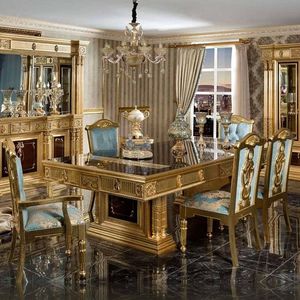 Juego de Comedor Estilo Europeo de 6 Piezas, Madera Sólida con Acabado Dorado Antiguo, Tapicería Azul, Muebles Clásicos de Palacio Real - Product Image 1