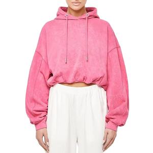 Sweat à capuche court personnalisé pour femmes, ensemble décontracté d'hiver avec col roulé et fermeture éclair, sweat à capuche court à effet délavé - Product Image 1