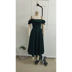 Women's <b>Spaghetti</b> Strap Off-Shoulder Detail Sweetheart Neckline <b>Long</b> Flared Imported Crepe Dress, 34402 - Green - Product Image 4