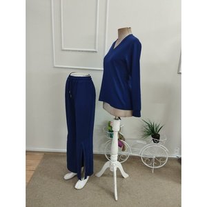 Women's <b>Long</b>-<b>Sleeve</b> V-Neck Viscose Two-Thread <b>Blouse</b> and Slit Detail Trousers Two-Piece Set, 37525 - <b>Navy</b> blue - Product Image 6