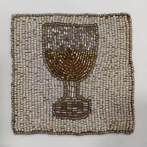 Handcrafted Beaded <b>Coaster</b> with Martini Glass Design Elegant Round Red and <b>Gold</b> Table Accent for Bars and Parties - Product Image 3