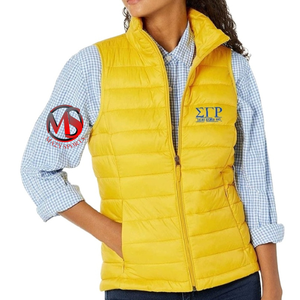 Vente en gros sororité Sigma Gamma Rho lettres imprimées rembourrées sans manches 250gsm polyester remplissage fermeture éclair vestes sans manches - Product Image 1