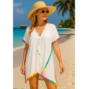 Paréo de plage bohème de luxe à franges, kaftan transparent à col en V avec détails à pompons, bords roulés à la main de qualité supérieure, tenue de plage estivale - Product Image 1