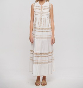 Vestido Casual sin Mangas de Algodón Blanco, Silueta en A, Talla Única, Largo hasta el Suelo, con Bordado Beige y Lentejuelas, Cintura Natural - Product Image 2