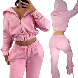 Custom <b>Pink</b> Distressed Zip Breathable Solid Women's Oversized Full-Length Hoodie Two-Piece Stacked Pants Sets - Product Image 6