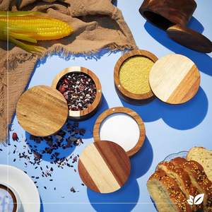 Caja de sal o especias de madera de acacia, 4 Uds., Bodega de sal de madera de acacia con tapa giratoria, caja contenedora de sal con tapa, tarro de madera para cocina - Product Image 5