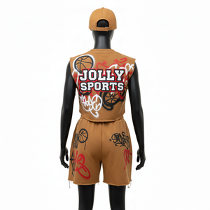 Ensemble t-shirt sans manches et short en molleton de coton premium pour femmes, 300 GSM, aspect vieilli marron, logo personnalisé, 100% coton, ensembles pour femmes - Product Image 2