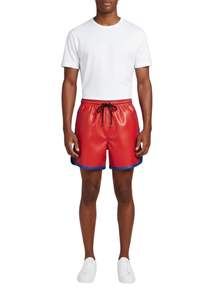 Nouveaux shorts de sport pour hommes en cuir véritable tendance avec cordon de serrage à la taille Rouge avec bordure bleue - Product Image 4