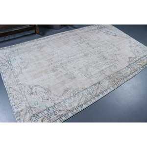 Grand tapis turc vintage 5,1x8,6 pieds, tapis en laine unie blanc et bleu - Product Image 2