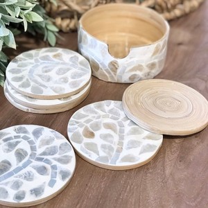 Posavasos florido de nácar con incrustaciones de hueso, posavasos hecho a mano con incrustaciones de nácar, posavasos para servir - Product Image 3