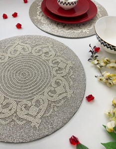Handmade Luxury Eco-Friendly Gathering Table Oil-proof <b>Gold</b> Small Beads Radial Shape Cutout <b>Placemat</b> for Wedding - Product Image 6