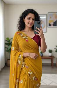 Sari en Georgette lourde pour femme, motif floral Butta avec bordure brodée Khatli, fabriqué en Inde, en stock - Product Image 3