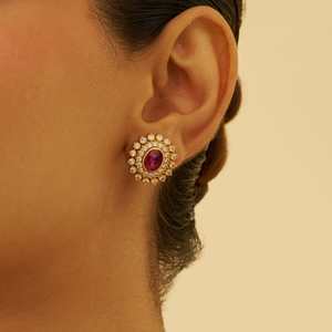 Boucles d'oreilles clous en or 14K/18K serties de pierres, motif floral rose et jaune plaqué or pour mariage - Product Image 2