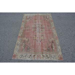 Alfombra turca vintage roja y beige área grande clásica lana de 3,5x6,1 pies con respaldo de látex patrón abstracto 10mm de espesor" - Product Image 1