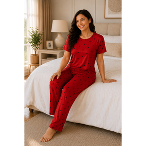 Conjunto de Pijama de 2 Piezas para Mujer, Tejido, Rojo, con Estampado de Corazones, Manga Corta, Suave, Transpirable, Personalizable, Talla XS, Cuello con Lazo, Dibujos Animados - Product Image 1