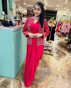 Women Ready to Wear <b>Jacket</b> Saree in Crepe Silk with Embroidered Koti Blouse Festive Party Ethnic Look - Product Image 2