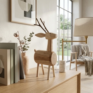 Handcrafted <b>wooden</b> deer anima sculpture <b>rustic</b> teak log branch animal statue reindeer stag table floor accent decoration unit - Product Image 2