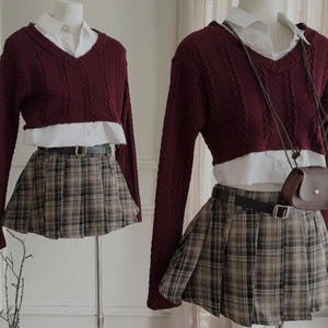 Conjunto de 2 Piezas de Punto Clásico Estilo Coreano, Falda y Top, Ecológico, Transpirable, de Poliéster, para Verano, Estilo Casual Universitario - Product Image 5