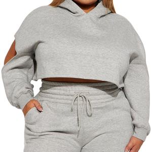 Ensemble 2 pièces molletonné pour femme grande taille : sweat à capuche court à manches longues et pantalon de survêtement large – Tenue décontractée – Fournisseur OEM - Product Image 3
