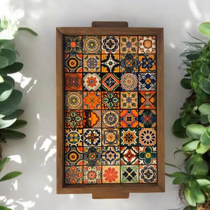 Plateau moderne en bois de noyer pouf avec poignées plateau de service pour la décoration de salon idée cadeau pour la maison - Product Image 1