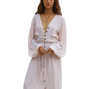 Vestido largo bohemio de manga larga con botones para mujer, vestido exclusivo - Product Image 1