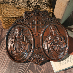 Arte Mural de Madera del Sagrado Corazón de Jesús y Marí<span class=keywords><strong>a</strong></span>, Placa Cristiana de Doble Relieve con Cruz, Decoración de Bendición para el Hogar Tallada <span class=keywords><strong>a</strong></span> Mano - Product Image 3