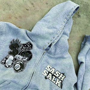 OEM personnalisé hommes vintage à capuche en éponge française surdimensionné lourd coton imprimé soleil délavé à l'acide sweat à capuche zippé - Product Image 6