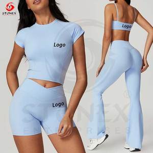 New Arrival <b>Elastic</b> Two-Piece Fitness Sportswear Breathable Tracksuit Scrunch Butt Yoga Set XXL Size Short Sleeve Solid <b>Waist</b> - Product Image 3