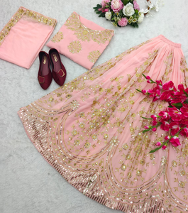 Ensemble indien à paillettes brodées Sharara Gharara Kurti Designer pakistanais vêtements ethniques 3 pièces en tissu Georgette cousu - Product Image 5