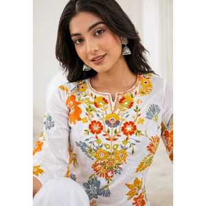 Blusa Larga de Verano para Mujer, Tradicional, Blanca, de Popelina, con Estampado Floral Bordado, de Algodón de Secado Rápido, Marca Rama - Product Image 2