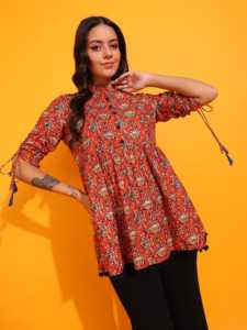 Kurti corto de algodón con estampado floral naranja para mujer, con cuello mandarín y mangas con cordón, estilo ajustado a la cintura, cómodo. - Product Image 5