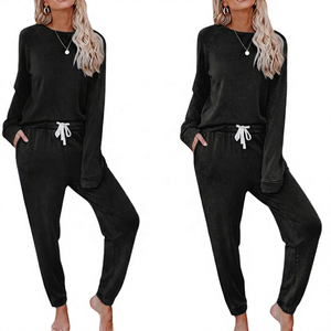Ensemble de survêtement décontracté pour femmes, couleur unie, manches longues, col rond, pantalon à cordon avec poches latérales, coupe ample, vêtements d'automne - Product Image 2