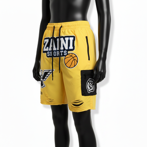 Shorts de bain personnalisés en chenille 160 GSM à séchage rapide, en nylon jaune, design déchiré et vieilli, pour hommes, style cargo - Product Image 4