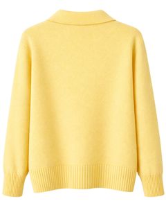 <b>Women</b> Yellow Button Front Knit <b>Cardigan</b> Sweater <b>Long</b> Sleeve Soft Casual Winter Top With Polo Collar <b>For</b> Ladies Fashion Wear - Product Image 2