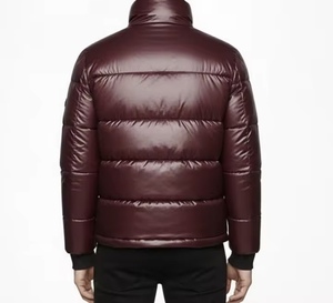 Men's <b>Burgundy</b> PU <b>Puffer</b> <b>Jacket</b> Stand Collar Zipper Closure Windproof Down Filled Casual Winter Wear Regular Length Slim Fit - Product Image 2