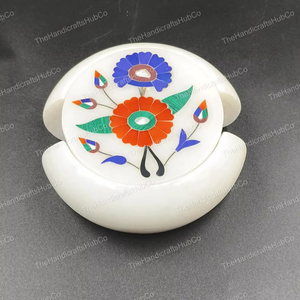 Ensemble de sous-verres en marbre blanc artisanal avec incrustations florales, sous-verres en pierre colorée avec support - Product Image 1