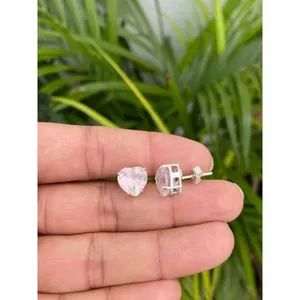 Natural Rose Quartz Heart <b>Stud</b> <b>Earrings</b> 925 Sterling Silver Handmade Gemstone Jewelry Wholesale Supplier - Product Image 3