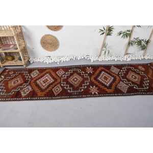 Tapis Vintage en Laine Kilim Turc Marron Orange Patchwork Design 2.8x10ft pour Entrée Couloir Abstrait Rectangle Jute Tapis Latex - Product Image 3