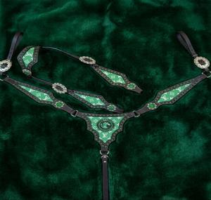 Western horse <b>leather</b> breastplate chest collar tack turquoise concho studded bead <b>harness</b> adjustable riding halter gear - Product Image 5